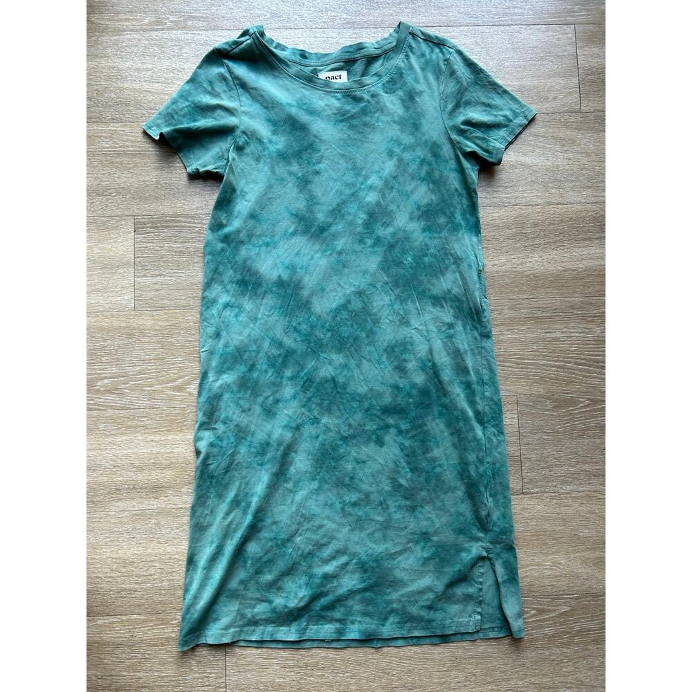 Pact 100% Organic Cotton T-Shirt Dress Green Tie Dye Short Sleeve Tee Slit Mini
